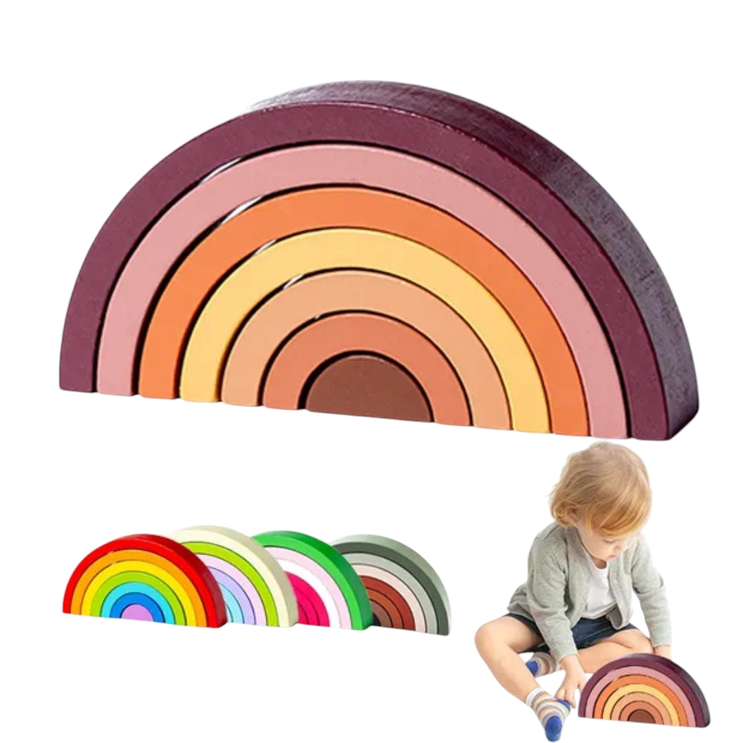 Montessori Wooden Rainbow Stacking Blocks from Giggly Groves - A vibrant educational toy set designed to enhance kids' fine motor skills, color recognition, and problem-solving abilities. Perfect for toddlers and preschoolers.
