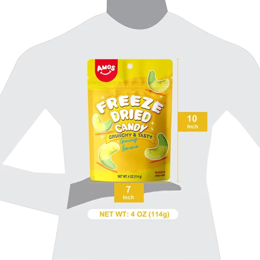 Amos Freeze Dried Sweet Ring Candy in vibrant fruit flavors, showcased in colorful packaging – available now on Giggly Groves