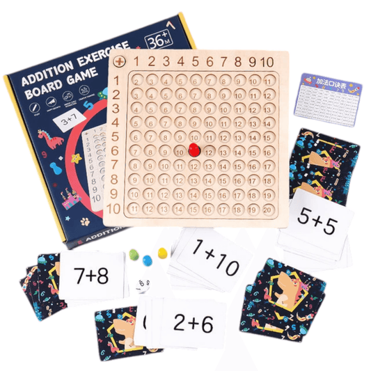 An educational board game designed to teach children addition and multiplication. The image includes a main game board with a grid of numbers from 1 to 100, several cards with multiplication and addition problems, like ‘2x9’ and ‘3+7’, a card with instructions, two dice, and red plastic markers. The background features outer space illustrations on the cards, adding an engaging theme for learning math concepts - Giggly Groves
