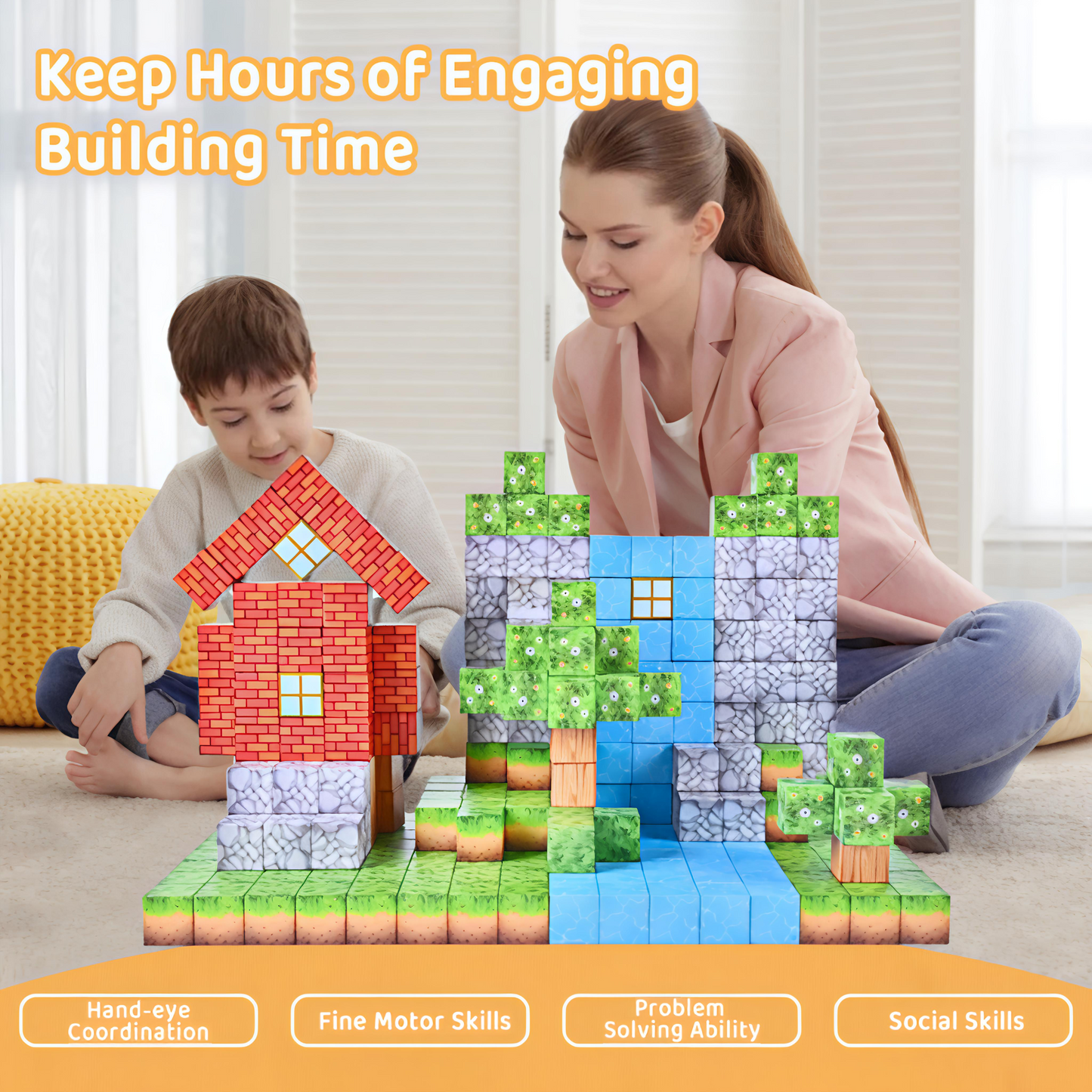 Children playing with Giggly Groves 157-piece magnetic building blocks – colorful sensory STEM toy for boys and girls, educational birthday gift promoting creativity and motor skills, available at gigglygroves.com.