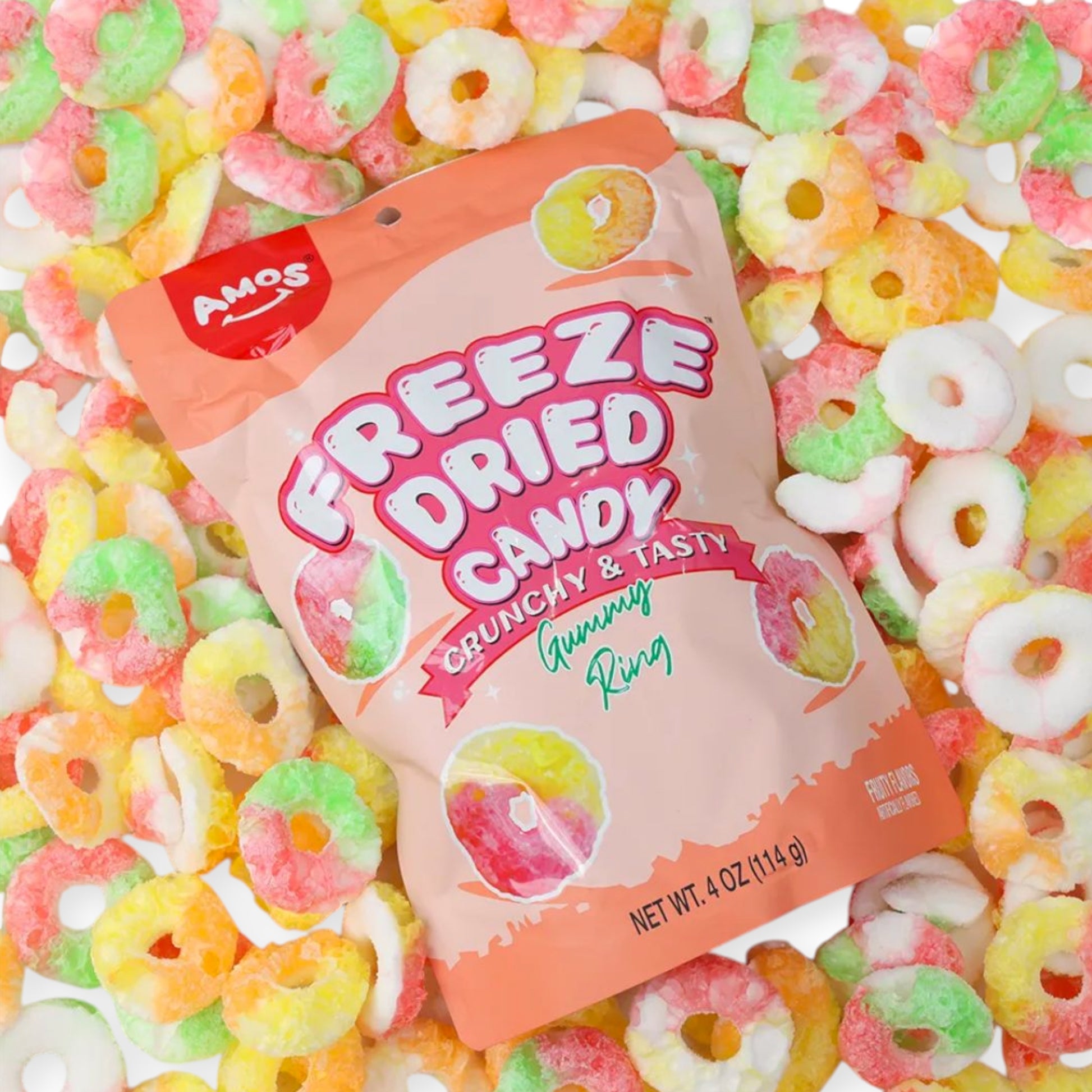 Amos Freeze Dried Sweet Ring Candy in vibrant fruit flavors, showcased in colorful packaging – available now on Giggly Groves