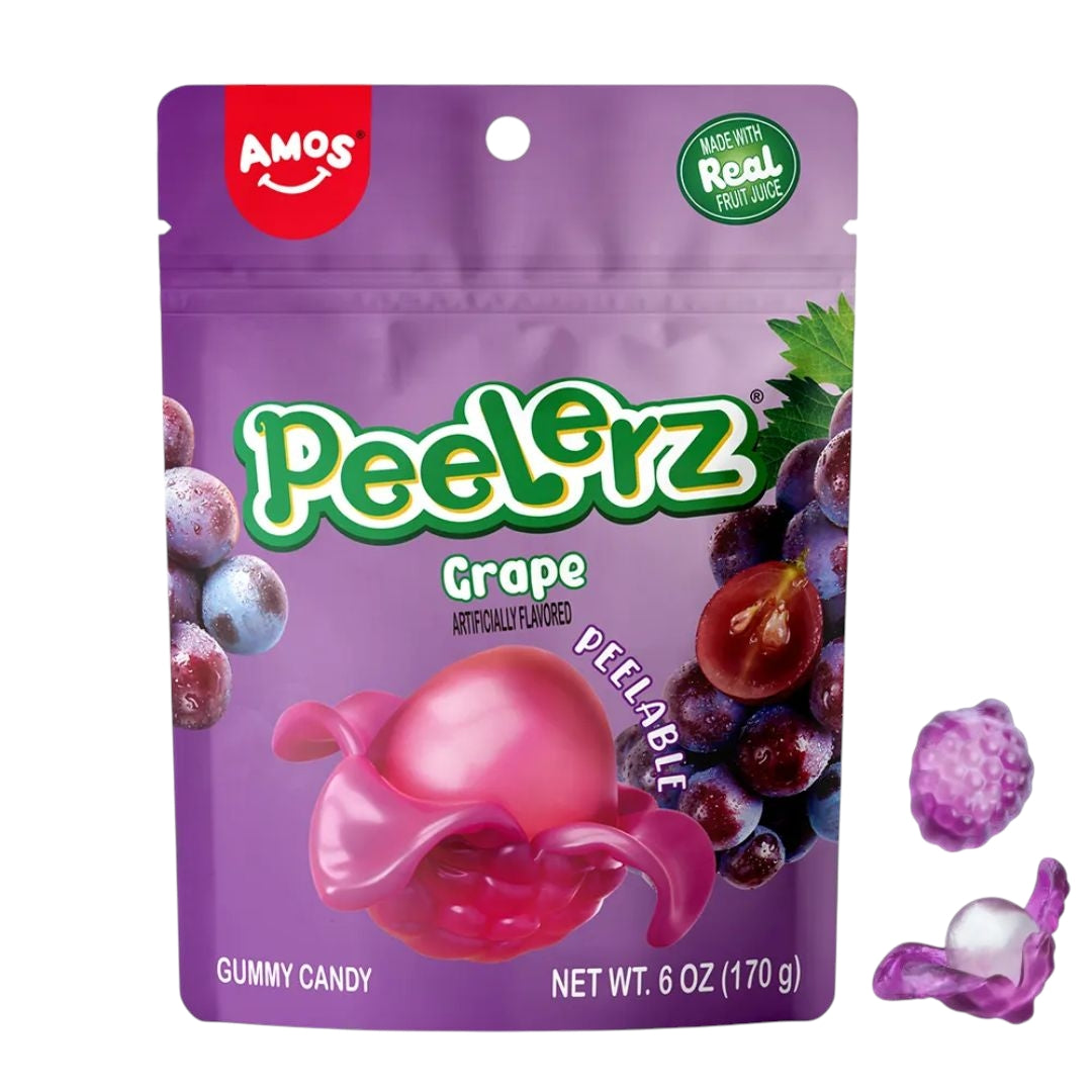 Amos Peelerz peelable grape gummy candy sold at Giggly Groves—fun jelly sweets for kids with vibrant purple packaging and realistic fruit peel texture.