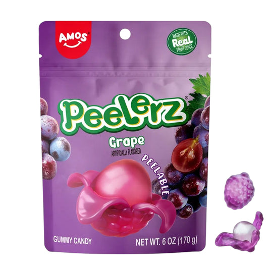 Amos Peelerz peelable grape gummy candy sold at Giggly Groves—fun jelly sweets for kids with vibrant purple packaging and realistic fruit peel texture.
