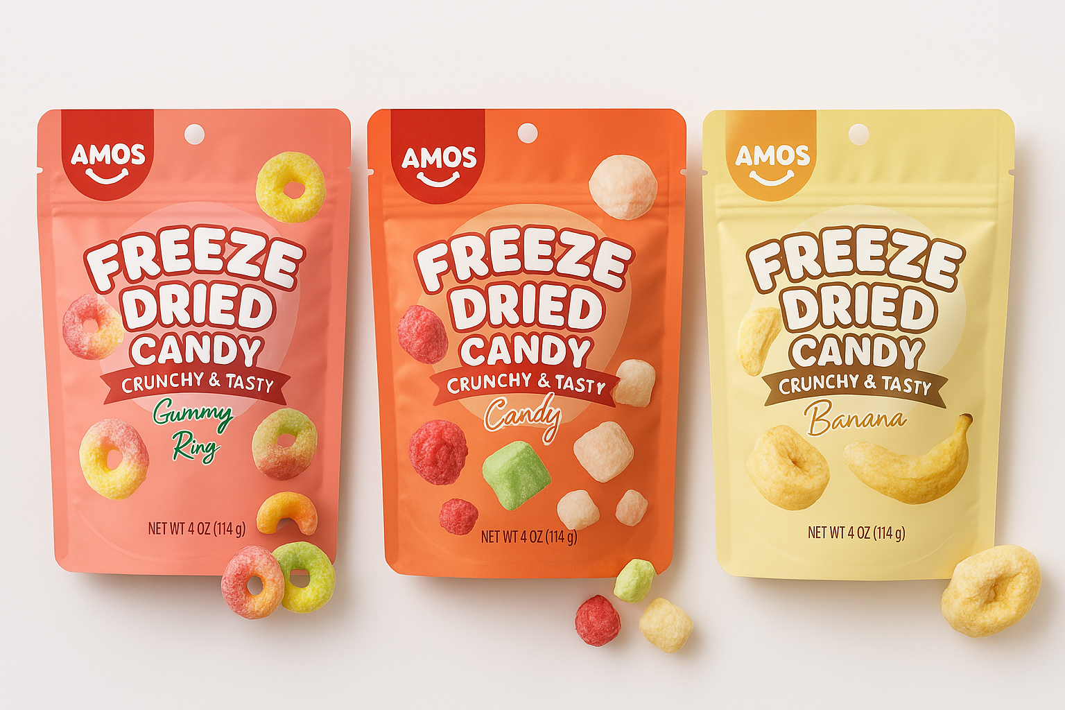Amos Freeze Dried Sweet Ring Candy in vibrant fruit flavors, showcased in colorful packaging – available now on Giggly Groves