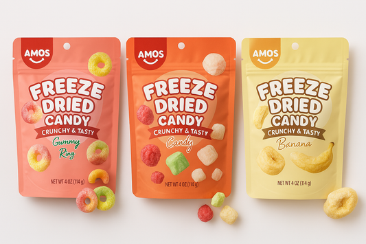 Amos Freeze Dried Sweet Ring Candy in vibrant fruit flavors, showcased in colorful packaging – available now on Giggly Groves