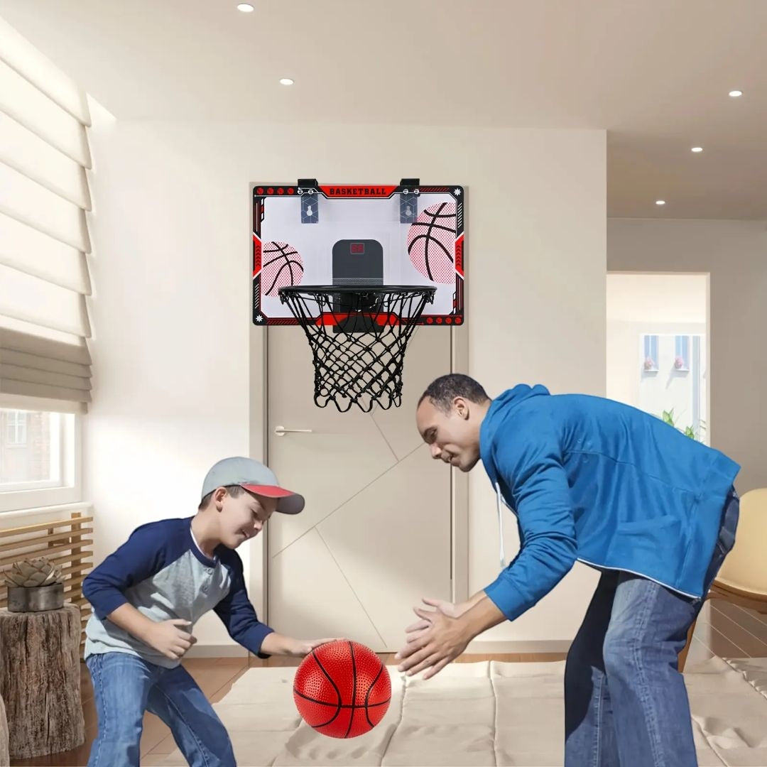 Red light-up scoring basketball hoop set for kids with LED display, pump, and mounting tools – available on Giggly Groves with fast delivery.