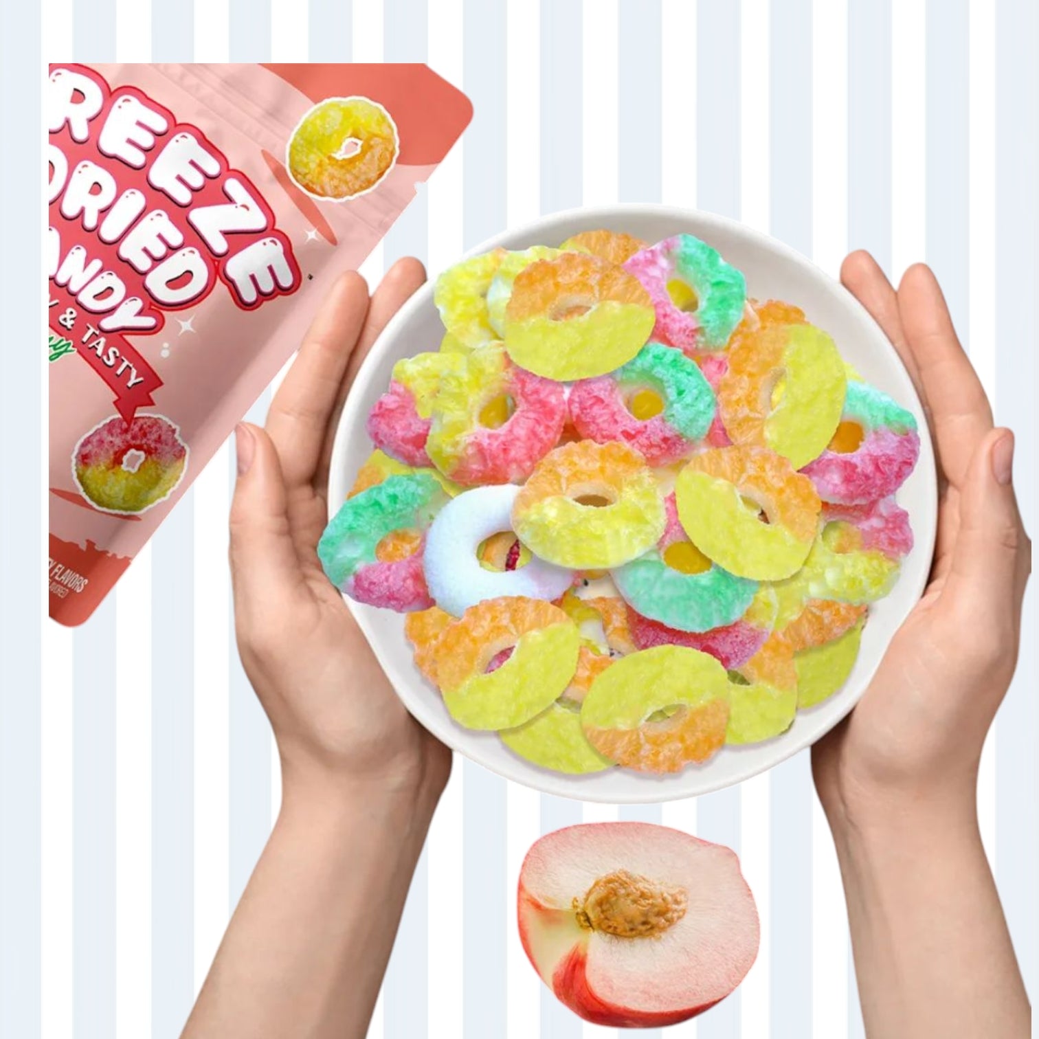 Amos Freeze Dried Sweet Ring Candy in vibrant fruit flavors, showcased in colorful packaging – available now on Giggly Groves