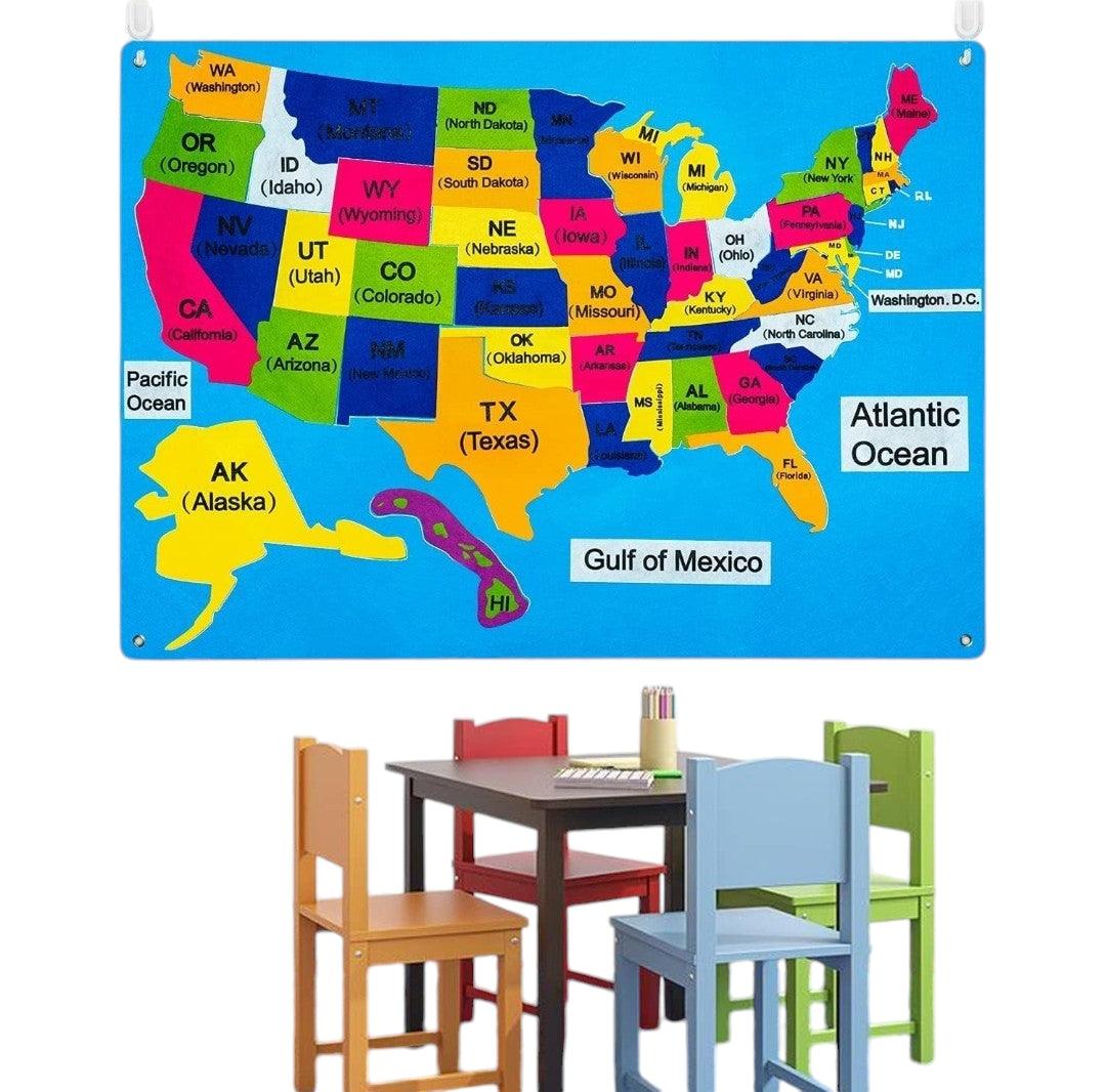 54-piece United States map felt-board set for early learning and Montessori education, featuring city names and state locations, available on Giggly Groves.