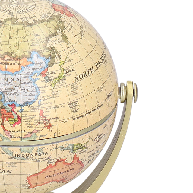 The image shows a small, desktop globe mounted on a golden stand. The globe displays a detailed world map with country names, borders, and major cities clearly marked. The globe is designed to rotate, making it a practical and educational tool for learning geography. The compact size and elegant design make it suitable for both educational purposes and as an office decor item.