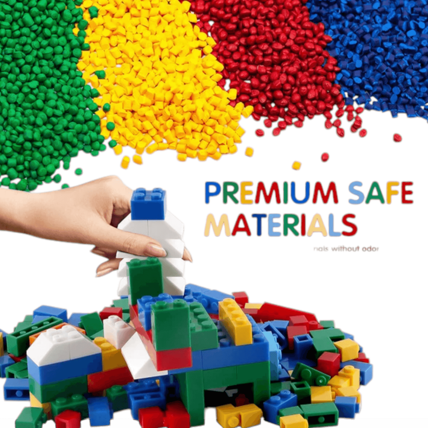 A vibrant collection of 1000 pieces of kids’ building blocks by Giggly Groves, featuring a variety of colors such as red, yellow, blue, green, and orange. The interlocking plastic bricks are scattered in a playful and inviting manner with the quantity ‘1000 pcs’ prominently displayed in the center. Ideal for creative play and motor skill development