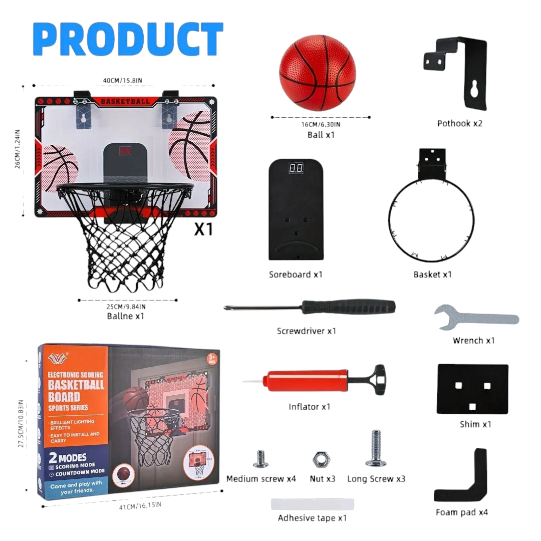 Red light-up scoring basketball hoop set for kids with LED display, pump, and mounting tools – available on Giggly Groves with fast delivery.