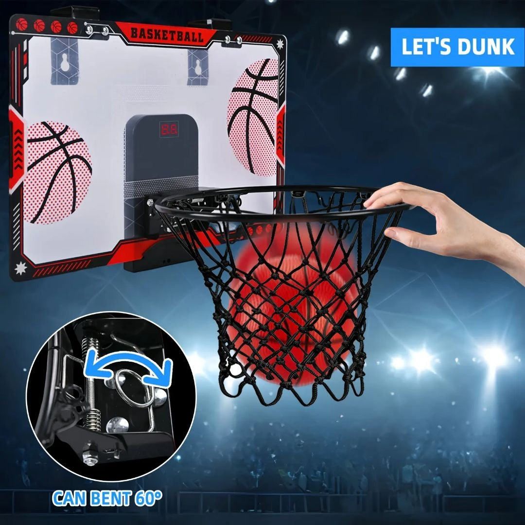 Red light-up scoring basketball hoop set for kids with LED display, pump, and mounting tools – available on Giggly Groves with fast delivery.