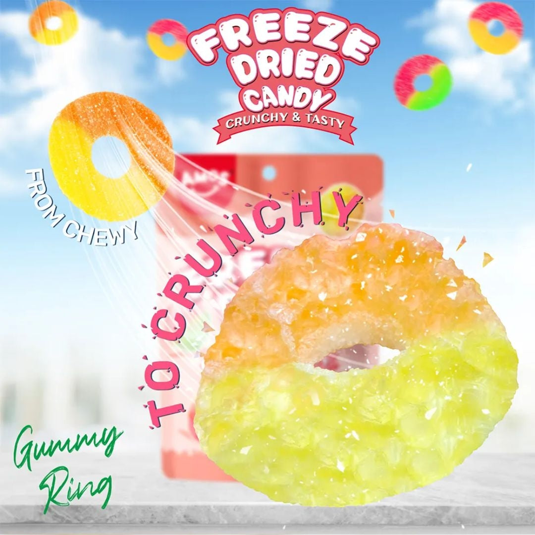 Amos Freeze Dried Sweet Ring Candy in vibrant fruit flavors, showcased in colorful packaging – available now on Giggly Groves