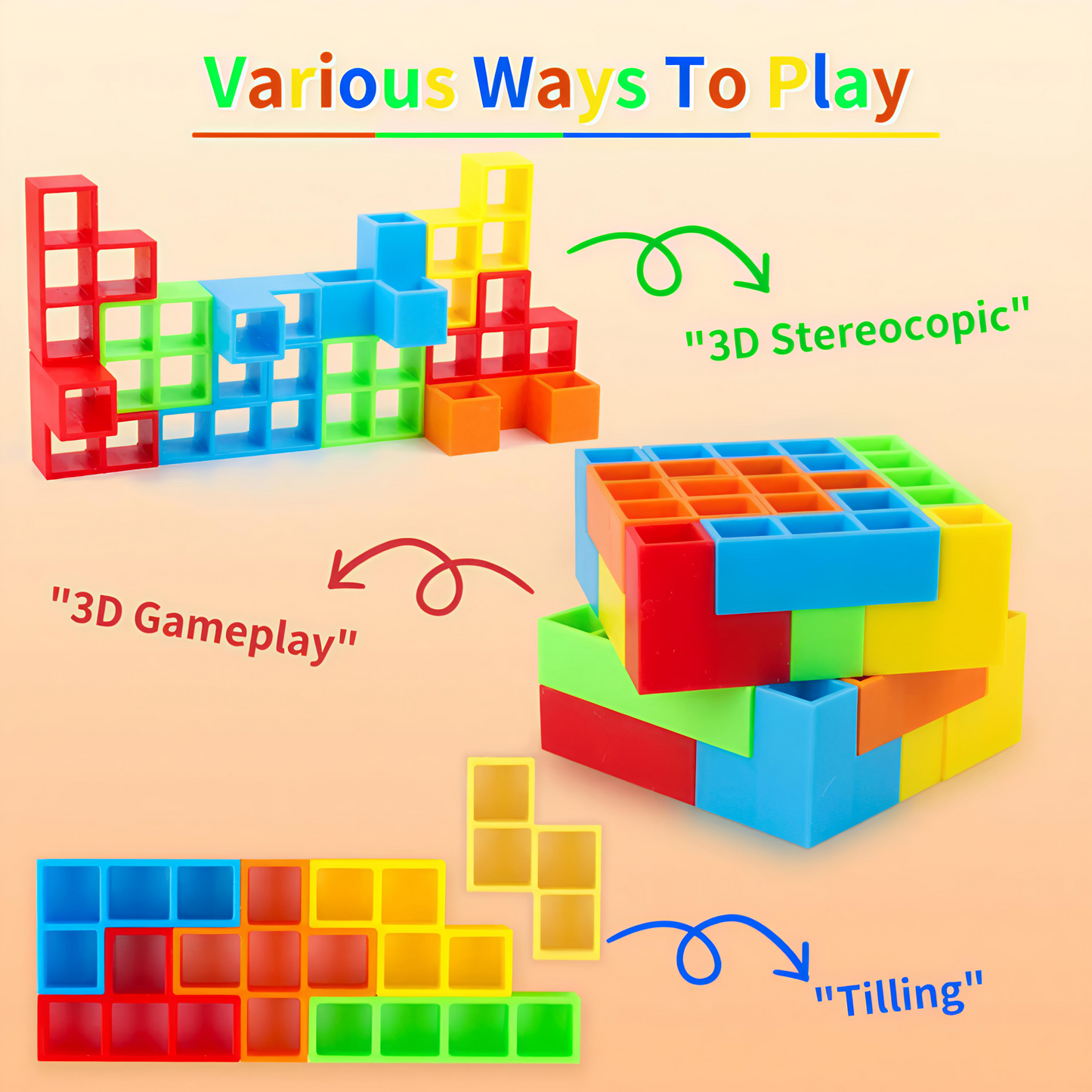 Colorful building blocks with text indicating various ways to play on a beige background