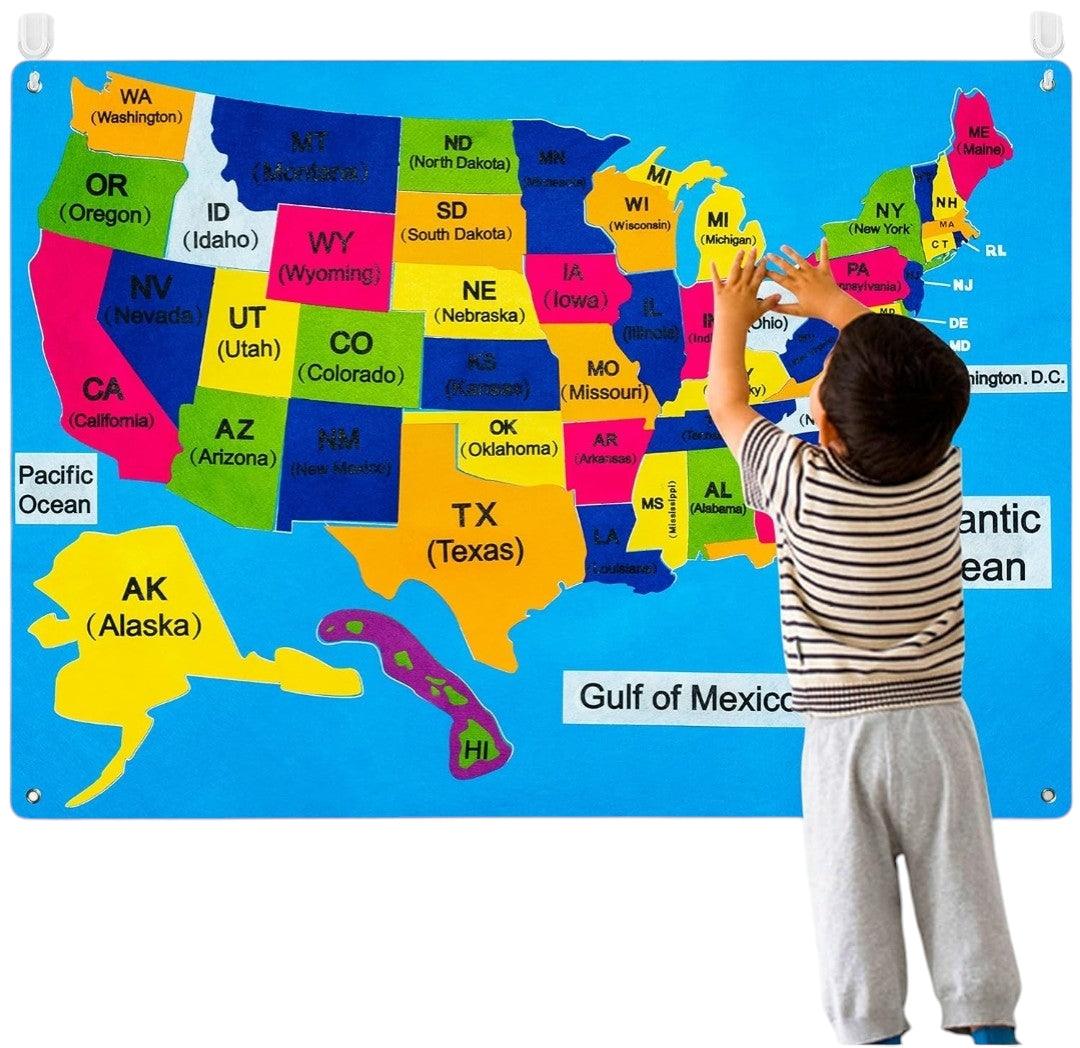 54-piece United States map felt-board set for early learning and Montessori education, featuring city names and state locations, available on Giggly Groves.