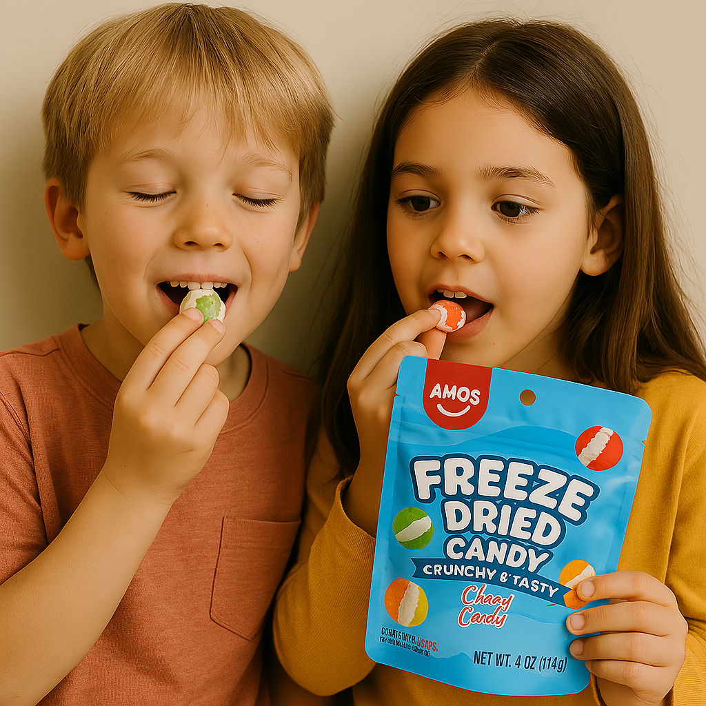 Amos Freeze Dried Sweet Ring Candy in vibrant fruit flavors, showcased in colorful packaging – available now on Giggly Groves