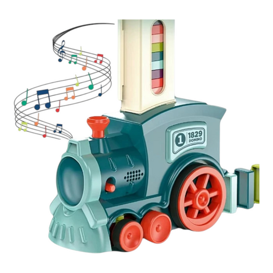 A brightly colored electric toy train automatically lays domino blocks in a perfect line. Ideal for children, this educational puzzle toy combines fun with learning and helps develop cognitive and motor skills. Suitable for kids aged 3 and up, it's perfect for creative play and early learning activities.