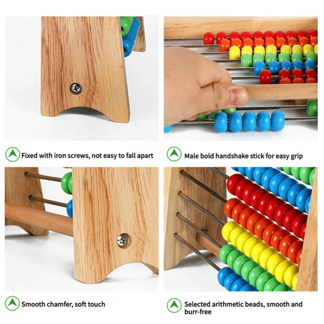 Boost Early Math Skills with Classic Wooden Abacus - 100 Beads Montessori Toy for Preschool Learning. The image shows a traditional wooden abacus with ten rows of ten beads each in varying colors of red, green, blue, yellow, and white. The abacus is positioned upright on a stand. Included in the set are colorful counting rods and a collection of numbered and mathematical operation tiles for interactive preschool learning activities.
