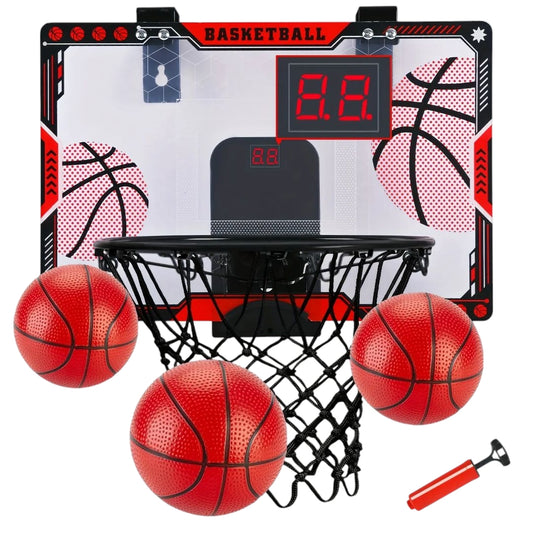 Red light-up scoring basketball hoop set for kids with LED display, pump, and mounting tools – available on Giggly Groves with fast delivery.