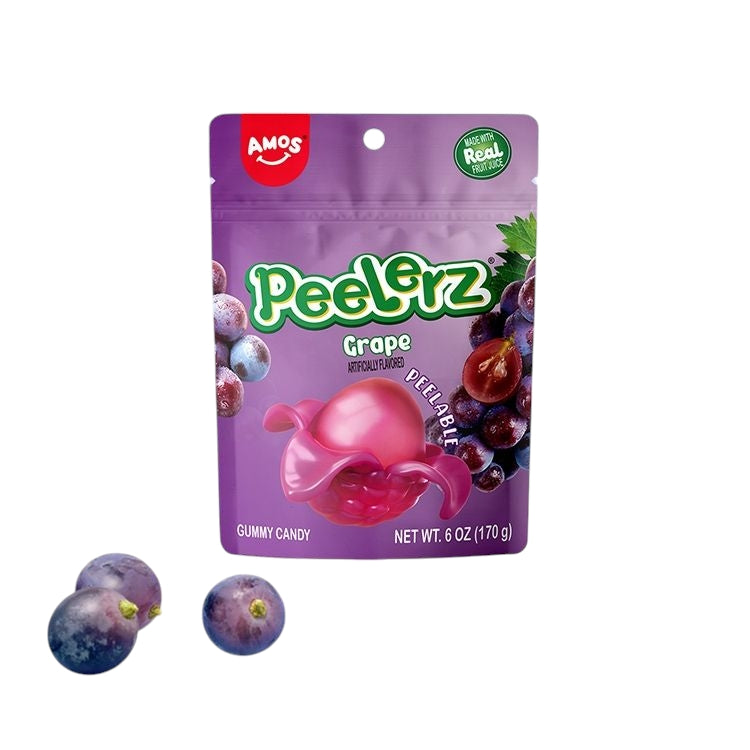 Amos Peelerz peelable grape gummy candy sold at Giggly Groves—fun jelly sweets for kids with vibrant purple packaging and realistic fruit peel texture.