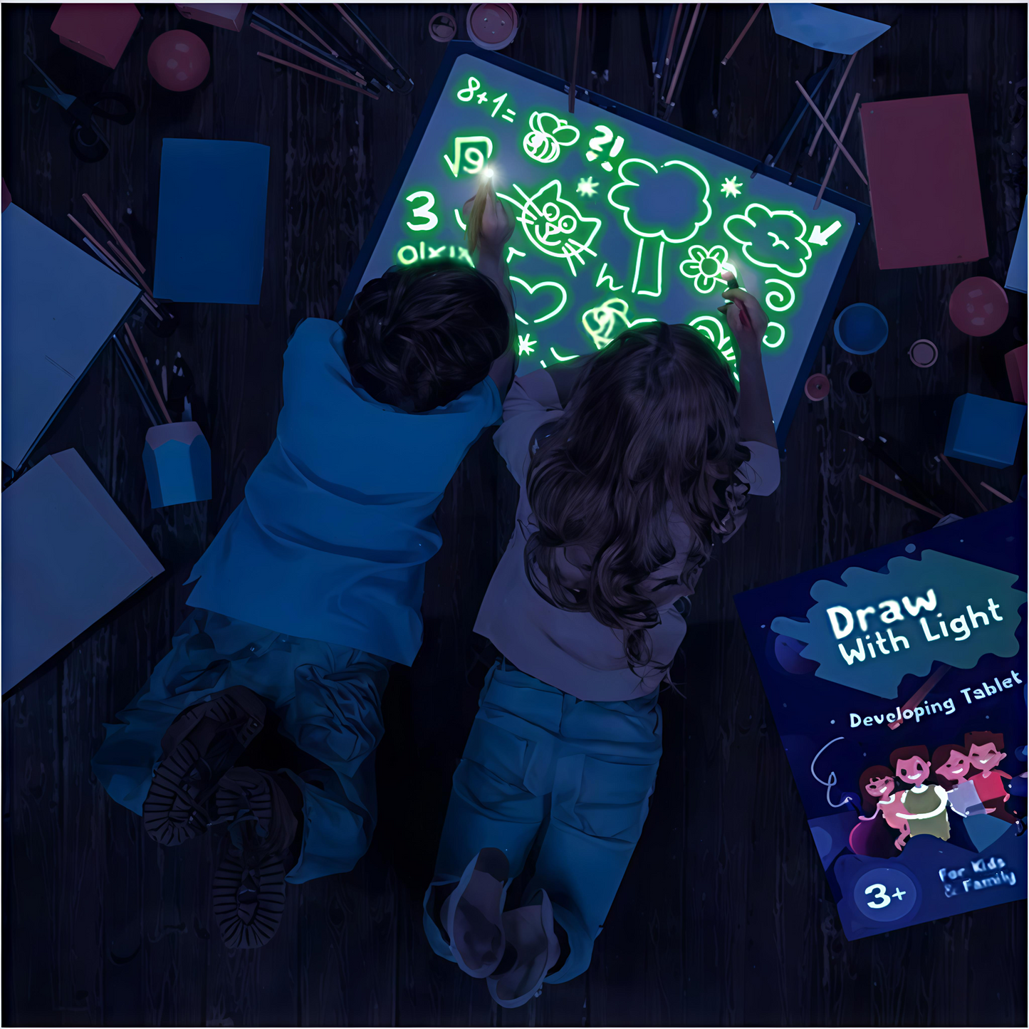 Child using a glowing light drawing tablet to sketch a boat, sun, and birds—educational toy for creative play, early learning, and sensory development.