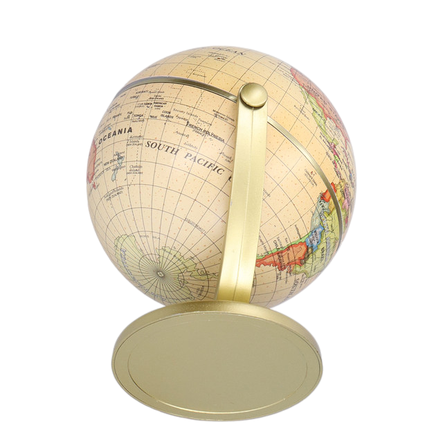 The image shows a small, desktop globe mounted on a golden stand. The globe displays a detailed world map with country names, borders, and major cities clearly marked. The globe is designed to rotate, making it a practical and educational tool for learning geography. The compact size and elegant design make it suitable for both educational purposes and as an office decor item.