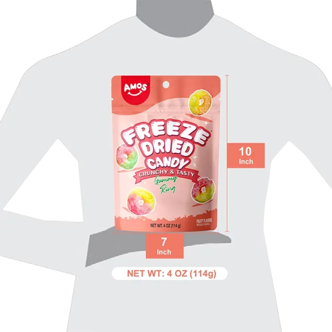 Amos Freeze Dried Sweet Ring Candy in vibrant fruit flavors, showcased in colorful packaging – available now on Giggly Groves