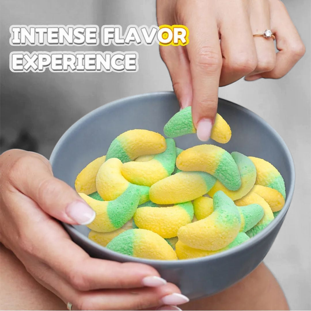 Amos Freeze Dried Sweet Ring Candy in vibrant fruit flavors, showcased in colorful packaging – available now on Giggly Groves