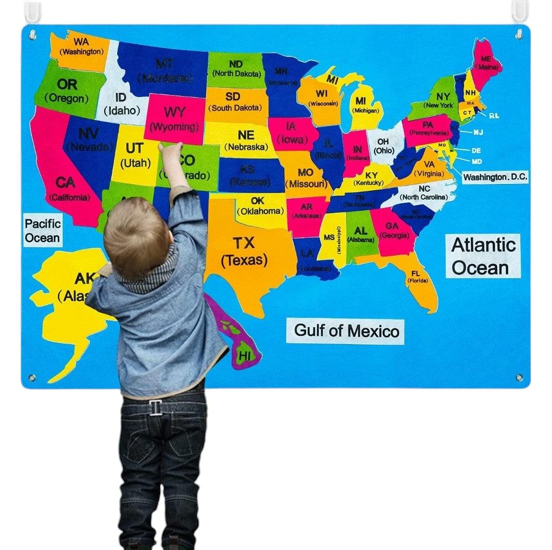 54-piece United States map felt-board set for early learning and Montessori education, featuring city names and state locations, available on Giggly Groves.