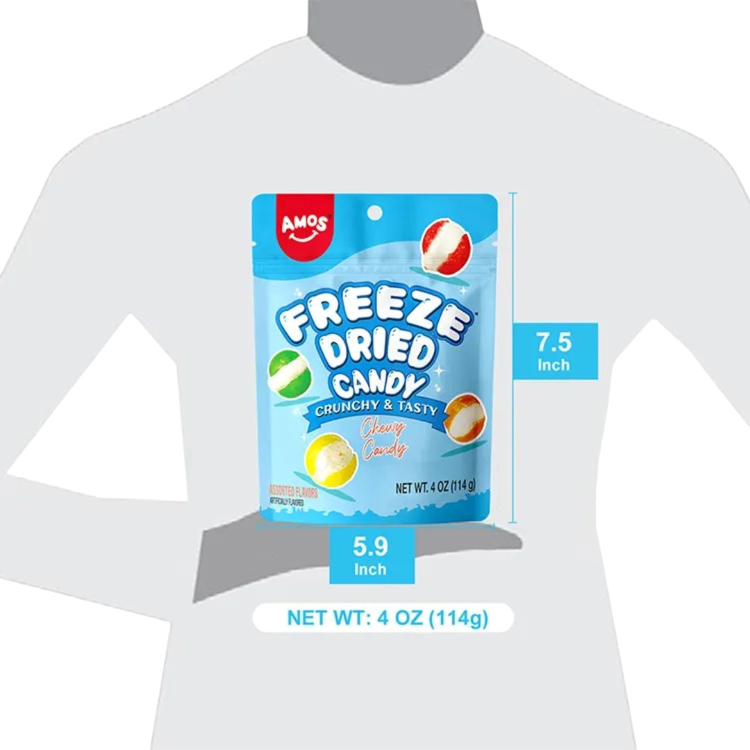 Amos Freeze Dried Sweet Ring Candy in vibrant fruit flavors, showcased in colorful packaging – available now on Giggly Groves