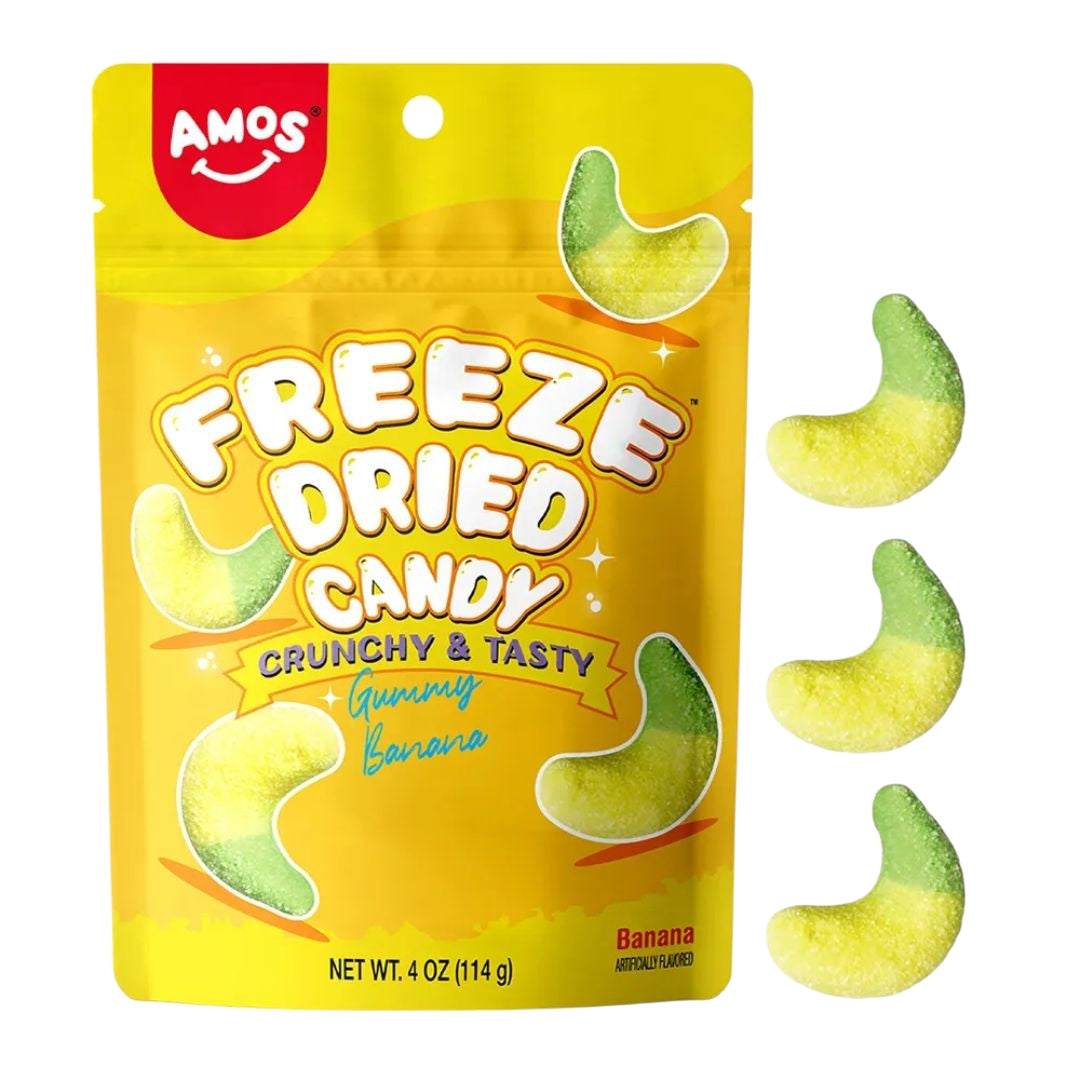 Amos Freeze Dried Sweet Ring Candy in vibrant fruit flavors, showcased in colorful packaging – available now on Giggly Groves