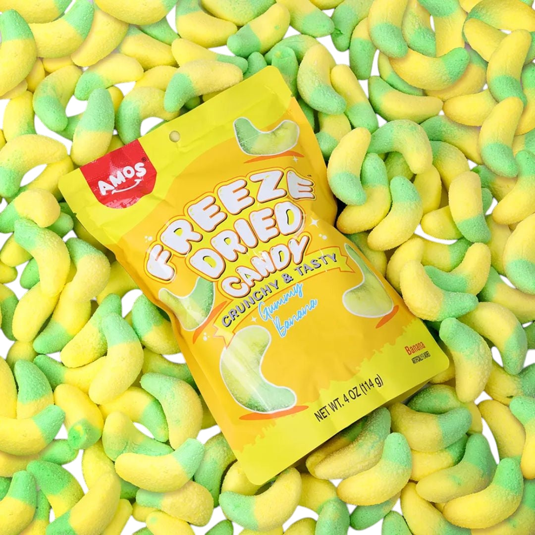 Amos Freeze Dried Sweet Ring Candy in vibrant fruit flavors, showcased in colorful packaging – available now on Giggly Groves