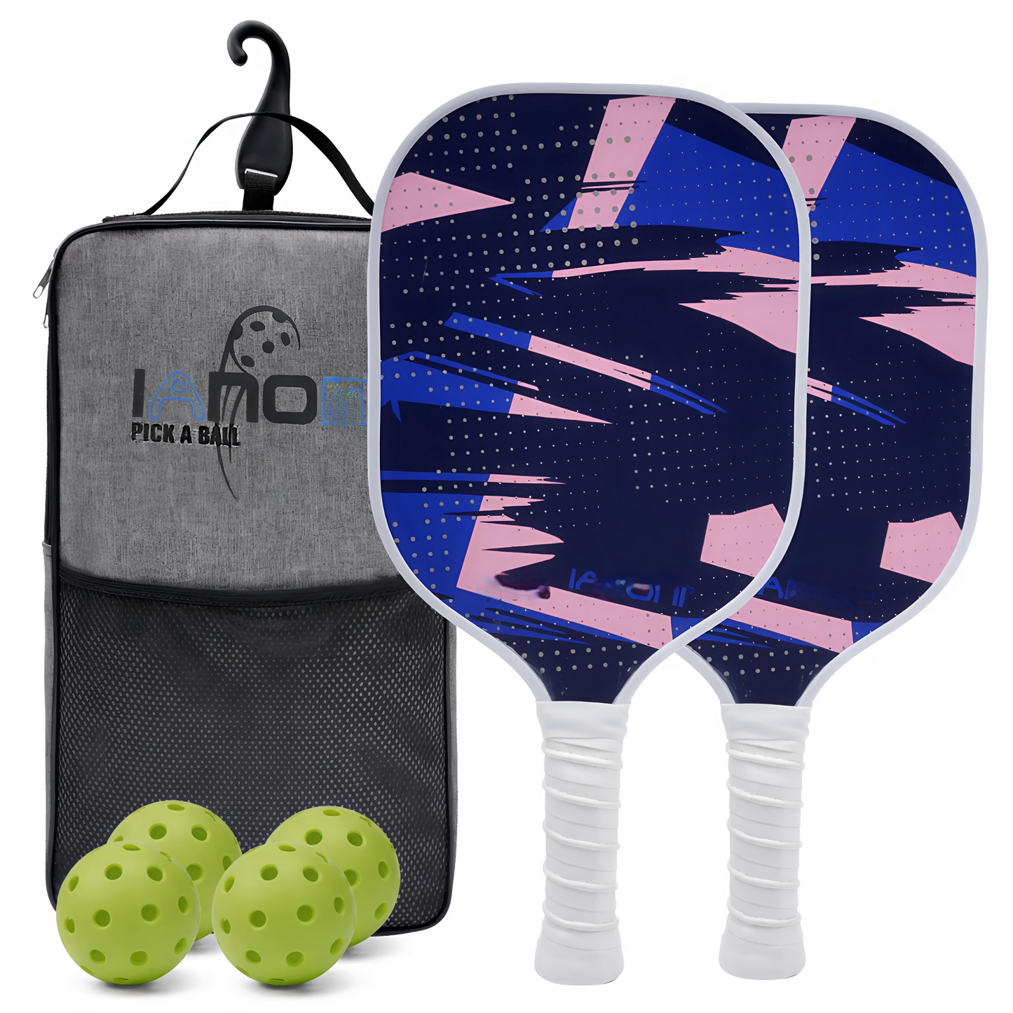 Two pickleball paddles with a blue and pink design, a gray bag, and three green pickleballs on a white background.