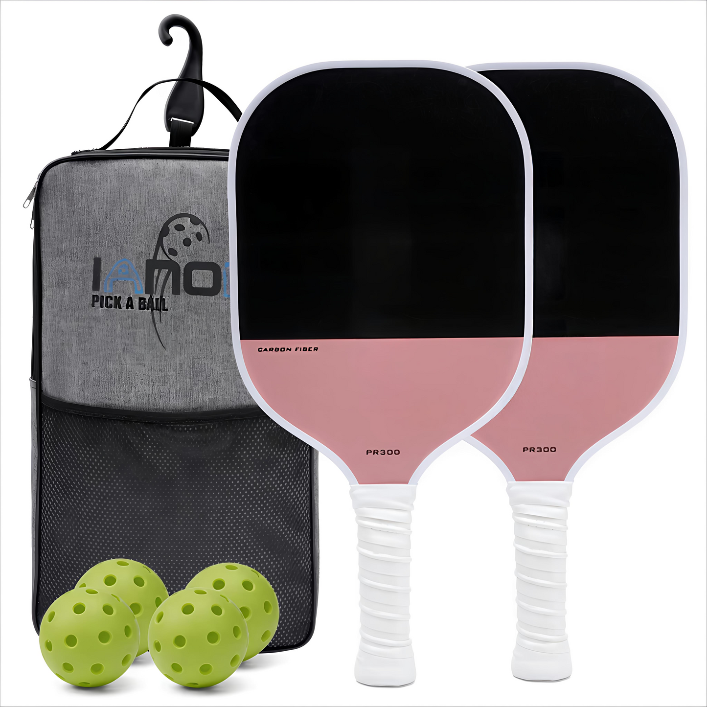 Two pickleball paddles with a pink and black design, a gray bag labeled 'I AMO PICK A BALL', and three green pickleballs on a white background.