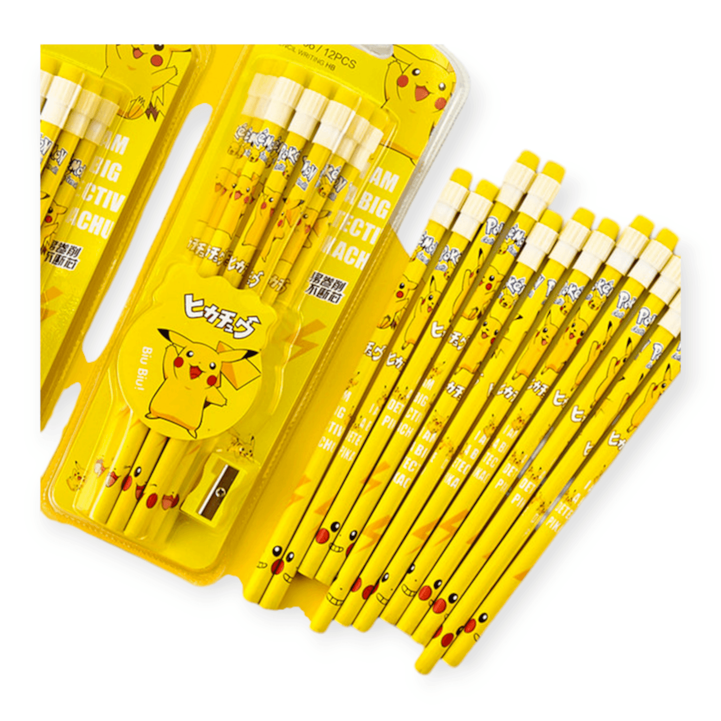 A vibrant kids' stationery set featuring 3 sets of Pikachu-themed pencils, with 12 pieces in each set. The packaging is colorful, showcasing Pikachu illustrations and includes complementary items such as Pikachu-shaped erasers and sharpeners. Ideal for young fans of Pokémon.