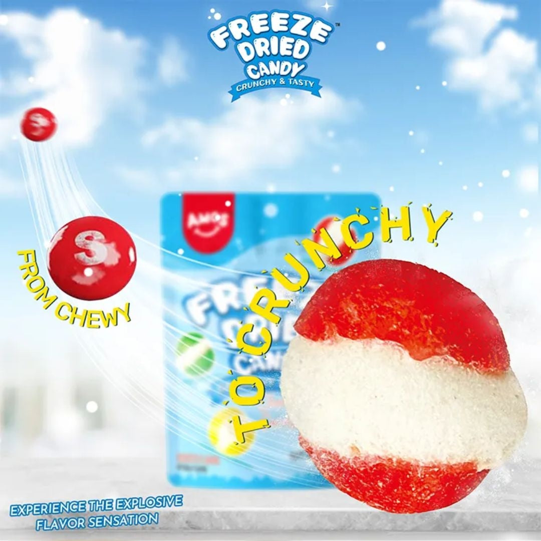Amos Freeze Dried Sweet Ring Candy in vibrant fruit flavors, showcased in colorful packaging – available now on Giggly Groves