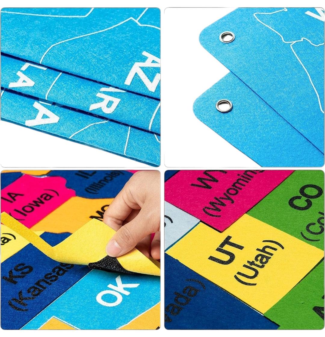 54-piece United States map felt-board set for early learning and Montessori education, featuring city names and state locations, available on Giggly Groves.