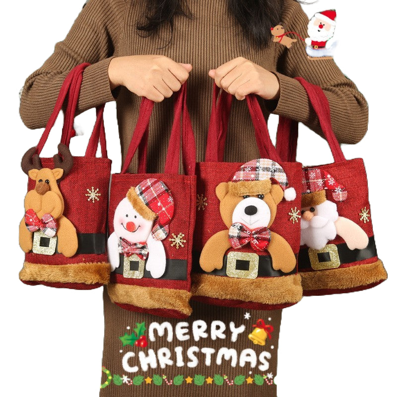 Festive Christmas Candy Gift Tote Bags featuring Santa Claus, Elk, Snowman, and Bear designs, perfect for kids' gifts and holiday decorations