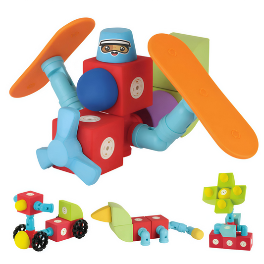 Child playing with colorful magnetic building blocks featuring 360° rotation, bendable joints, and secure magnets—STEM sensory toy for toddlers and preschoolers by Giggly Groves.