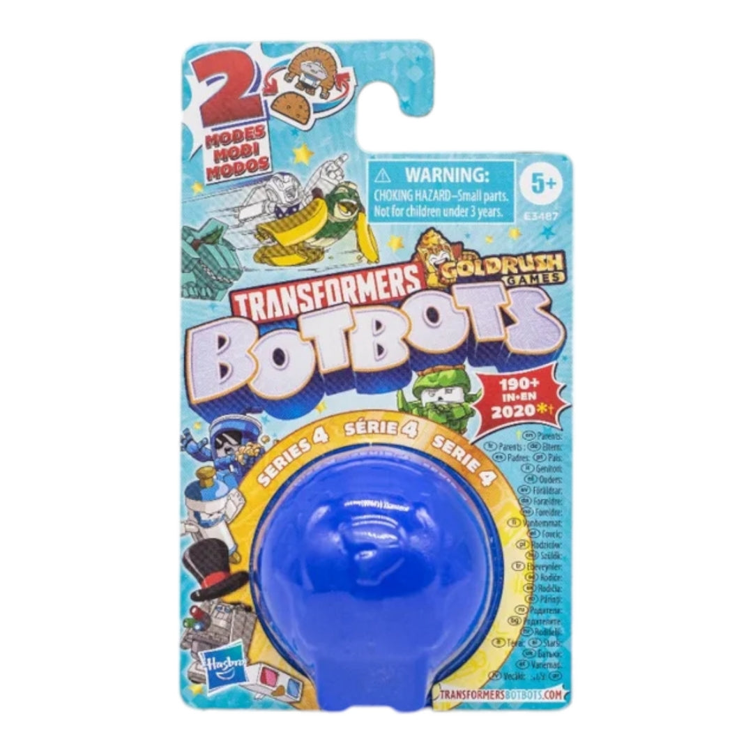 The image shows six Hasbro BOTBOTS Mini Transformers Blind Bags arranged in a star pattern. Each package features a different color (red, blue, green, orange, yellow) and contains a surprise mini transformer toy. The packaging is vibrant and eye-catching, making it an appealing gift for children.