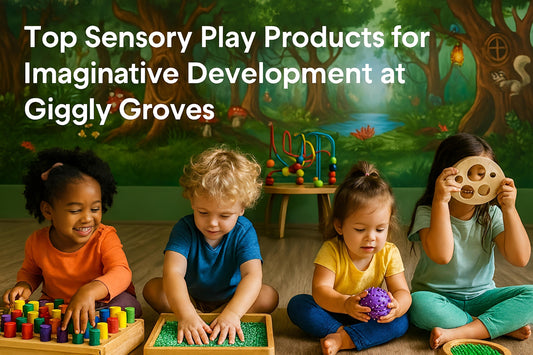 Four young children joyfully engaging with sensory play toys in a nature-themed indoor playroom at Giggly Groves, surrounded by colorful pegboards, textured balls, and whimsical forest murals.