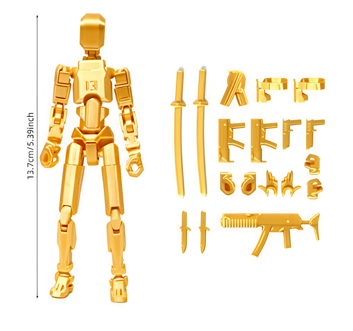Gold robot action figure with accessories on a white background