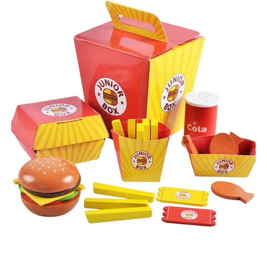 A colorful pretend play fast food set for children featuring toy items resembling a 'Junior Box' meal. The set includes a hamburger with a sesame seed bun, a box of fries, chicken nuggets, cola can, and condiment packets. Designed for imaginative play and fun for kids.