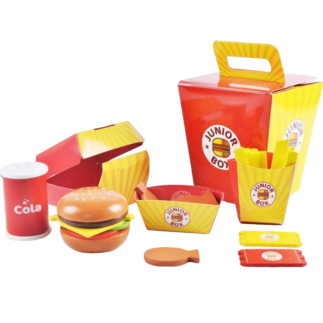 A colorful pretend play fast food set for children featuring toy items resembling a 'Junior Box' meal. The set includes a hamburger with a sesame seed bun, a box of fries, chicken nuggets, cola can, and condiment packets. Designed for imaginative play and fun for kids.