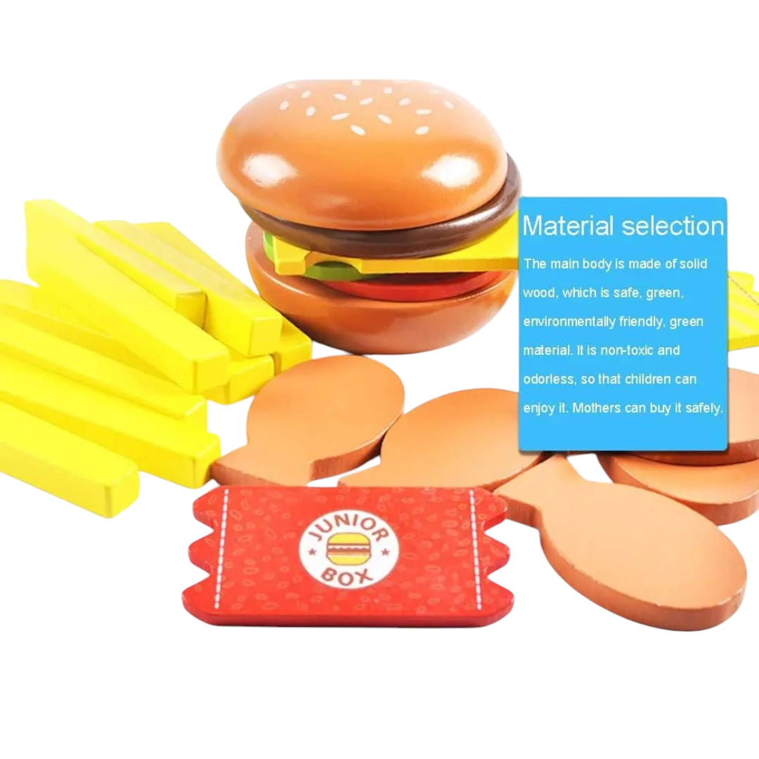 A colorful pretend play fast food set for children featuring toy items resembling a 'Junior Box' meal. The set includes a hamburger with a sesame seed bun, a box of fries, chicken nuggets, cola can, and condiment packets. Designed for imaginative play and fun for kids.