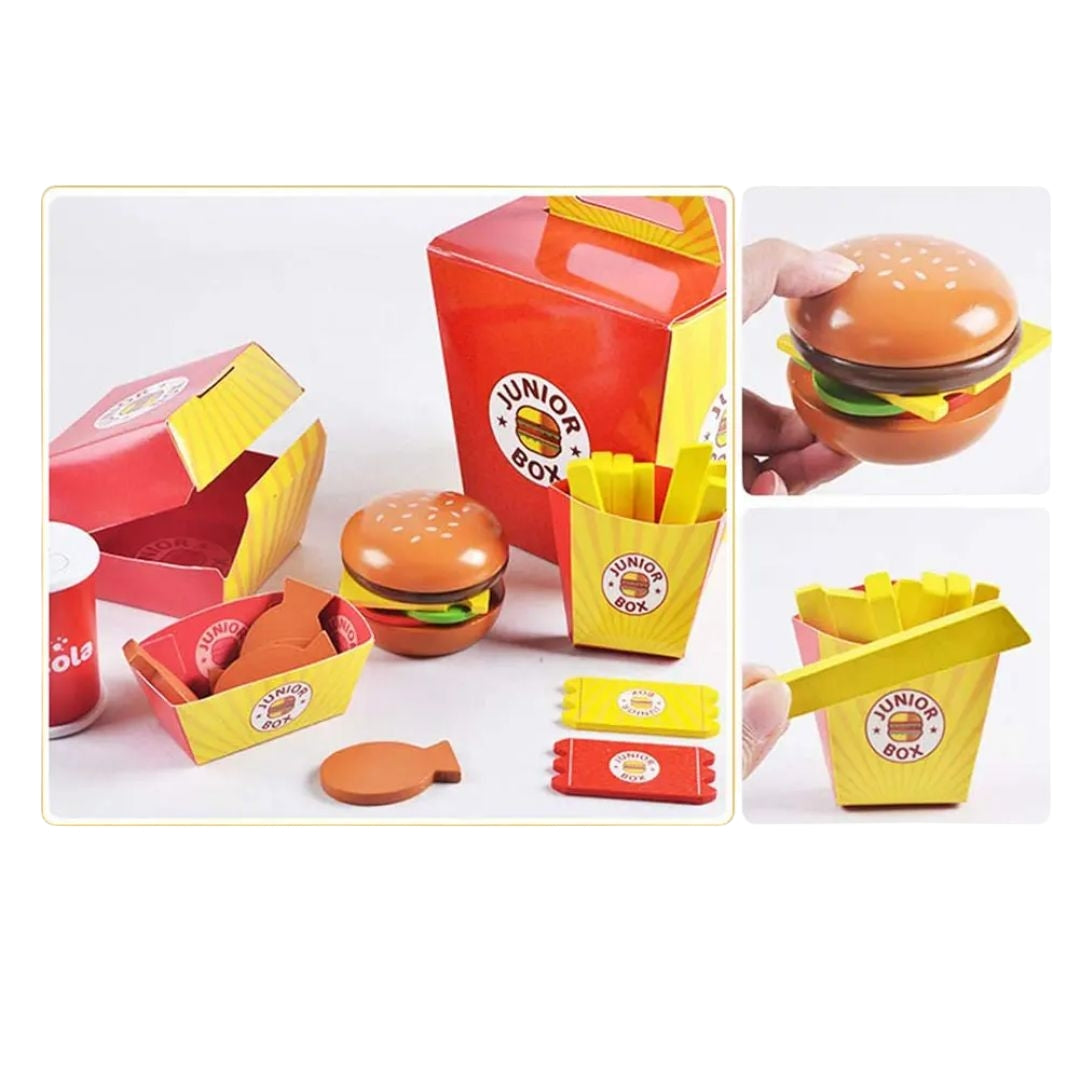 A colorful pretend play fast food set for children featuring toy items resembling a 'Junior Box' meal. The set includes a hamburger with a sesame seed bun, a box of fries, chicken nuggets, cola can, and condiment packets. Designed for imaginative play and fun for kids.