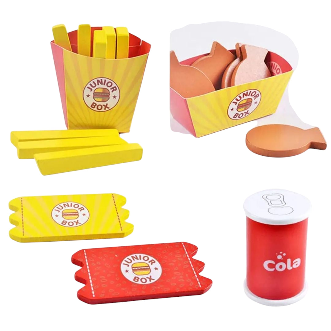 A colorful pretend play fast food set for children featuring toy items resembling a 'Junior Box' meal. The set includes a hamburger with a sesame seed bun, a box of fries, chicken nuggets, cola can, and condiment packets. Designed for imaginative play and fun for kids.