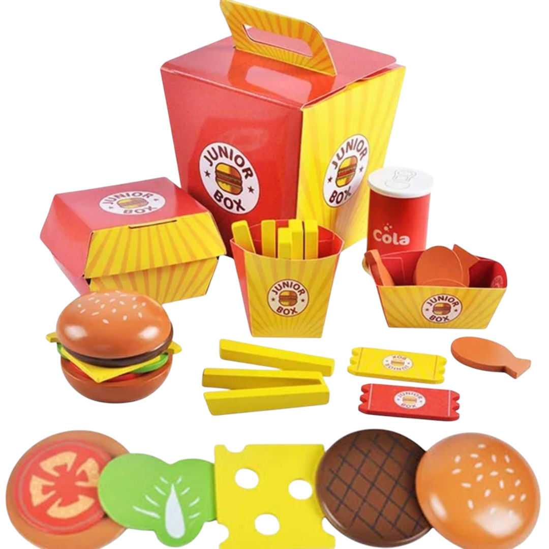 A colorful pretend play fast food set for children featuring toy items resembling a 'Junior Box' meal. The set includes a hamburger with a sesame seed bun, a box of fries, chicken nuggets, cola can, and condiment packets. Designed for imaginative play and fun for kids.