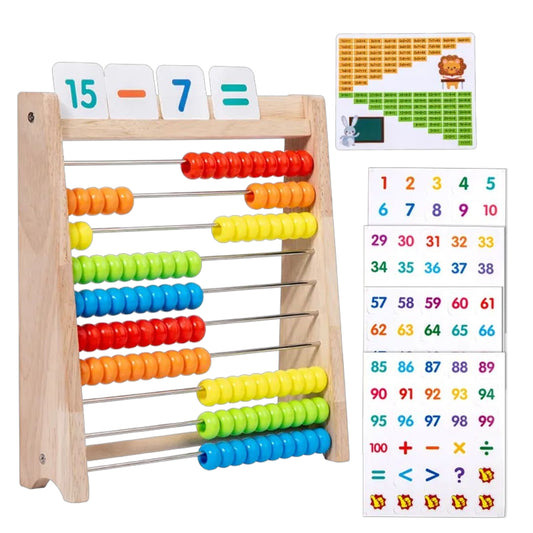 Boost Early Math Skills with Classic Wooden Abacus - 100 Beads Montessori Toy for Preschool Learning. The image displays a traditional wooden abacus with ten rows of ten beads each, in a rainbow of colors. Above the beads, there are three wooden squares displaying the numbers ‘1’ and ‘2’ separated by a plus sign, and an equal sign followed by the number ‘3’, illustrating a basic addition problem.
