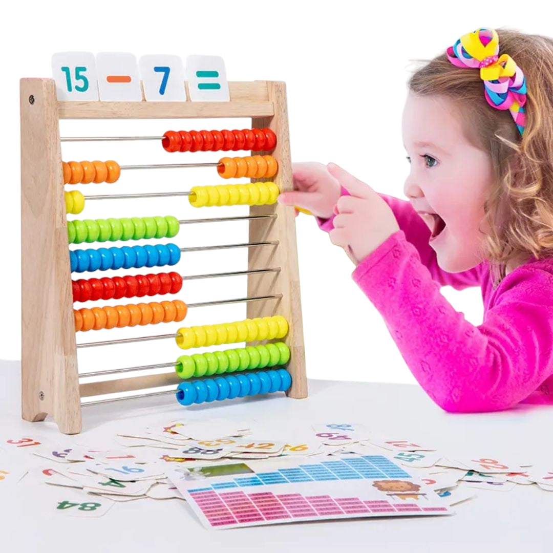 Boost Early Math Skills with Classic Wooden Abacus - 100 Beads Montessori Toy for Preschool Learning. The image displays a traditional wooden abacus with ten rows of ten beads each, in a rainbow of colors. Above the beads, there are three wooden squares displaying the numbers ‘1’ and ‘2’ separated by a plus sign, and an equal sign followed by the number ‘3’, illustrating a basic addition problem.